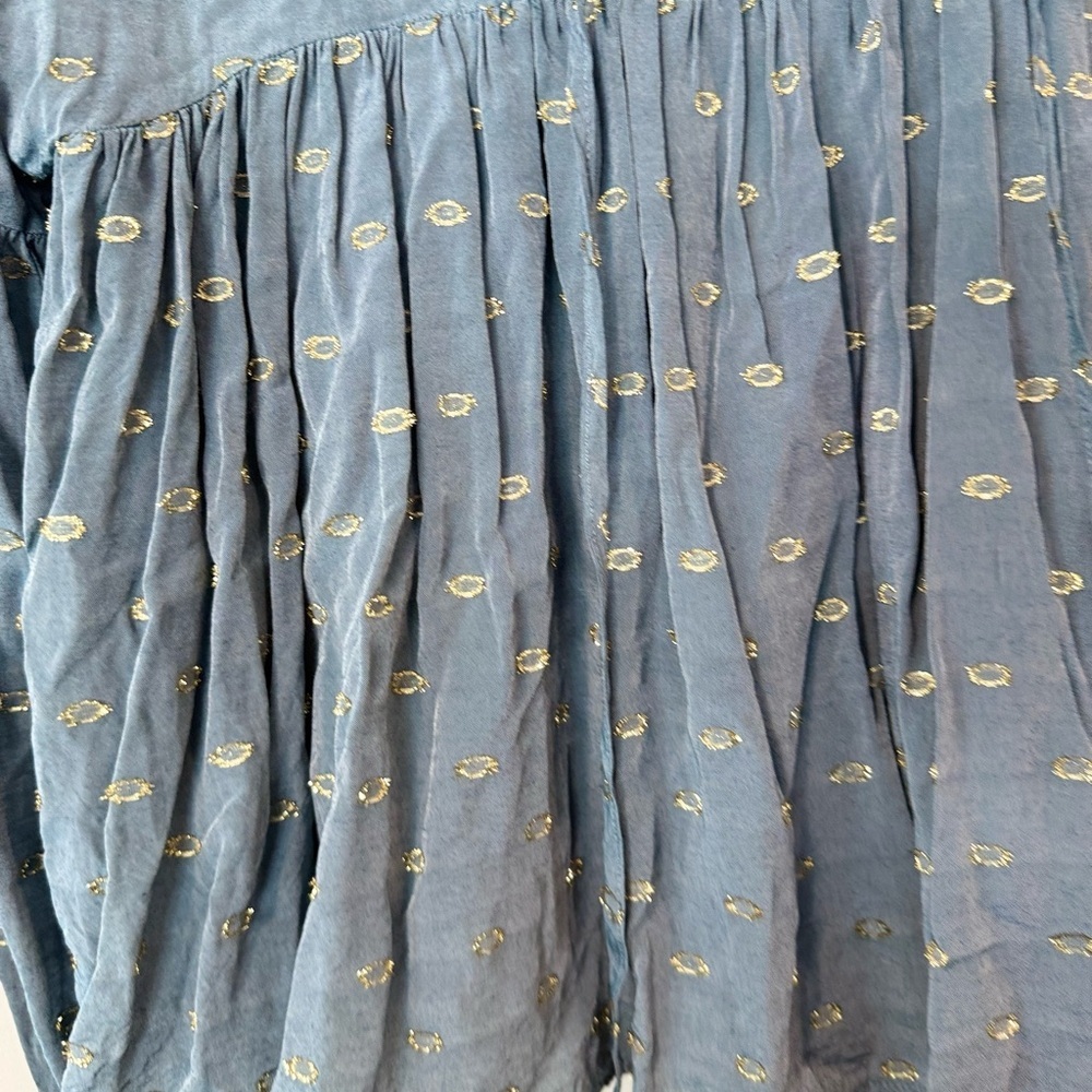 Anthropologie Ruffled Peasant Blouse Gold and Slate Blue Blouse Size XXS - Picture 5 of 11